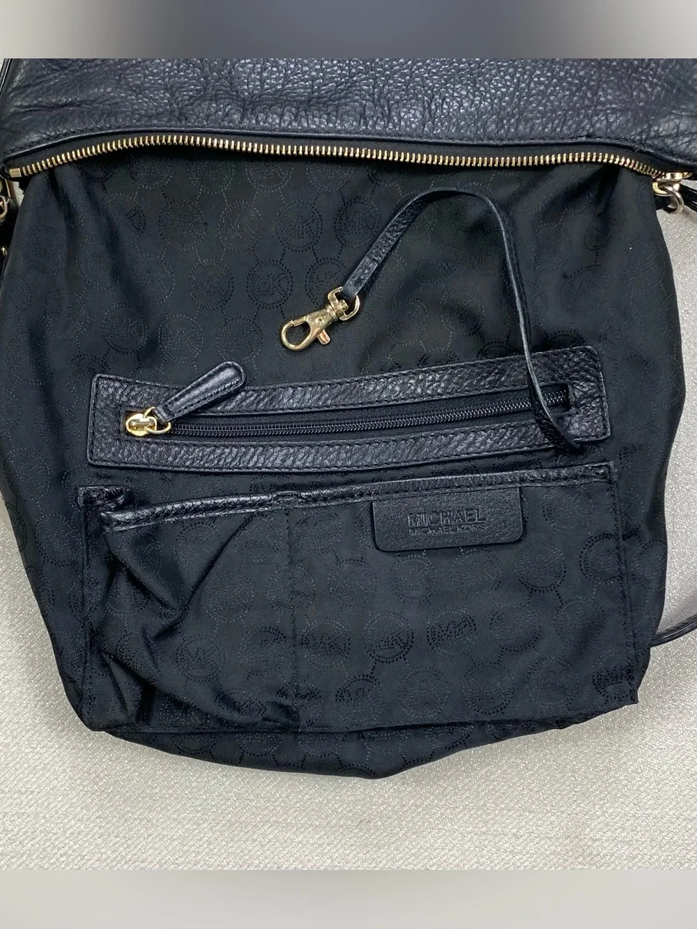 Michael Kors Black Grain Leather Hobo with Gold MK Charm